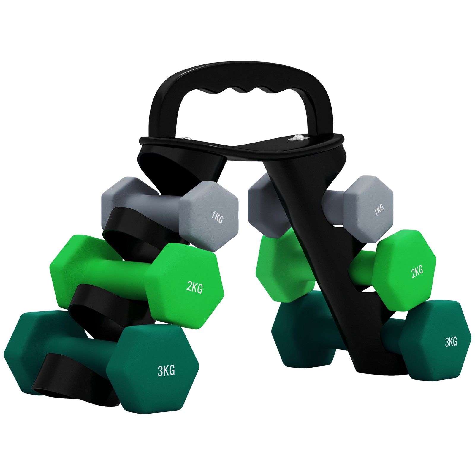 Set 6 Manubri Pesi (2x1 kg, 2x2 kg, 2x3 kg) da 12 kg con Supporto/Kettlebell, in