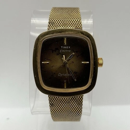 Vintage Timex Electric Dynabeat Gold Tone Mesh Band Electric Brown Dial 33mm