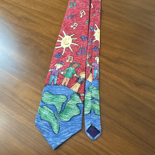Save the Children Men's 100 Silk Novelty Tie Red Multi Music Sun Woven USA