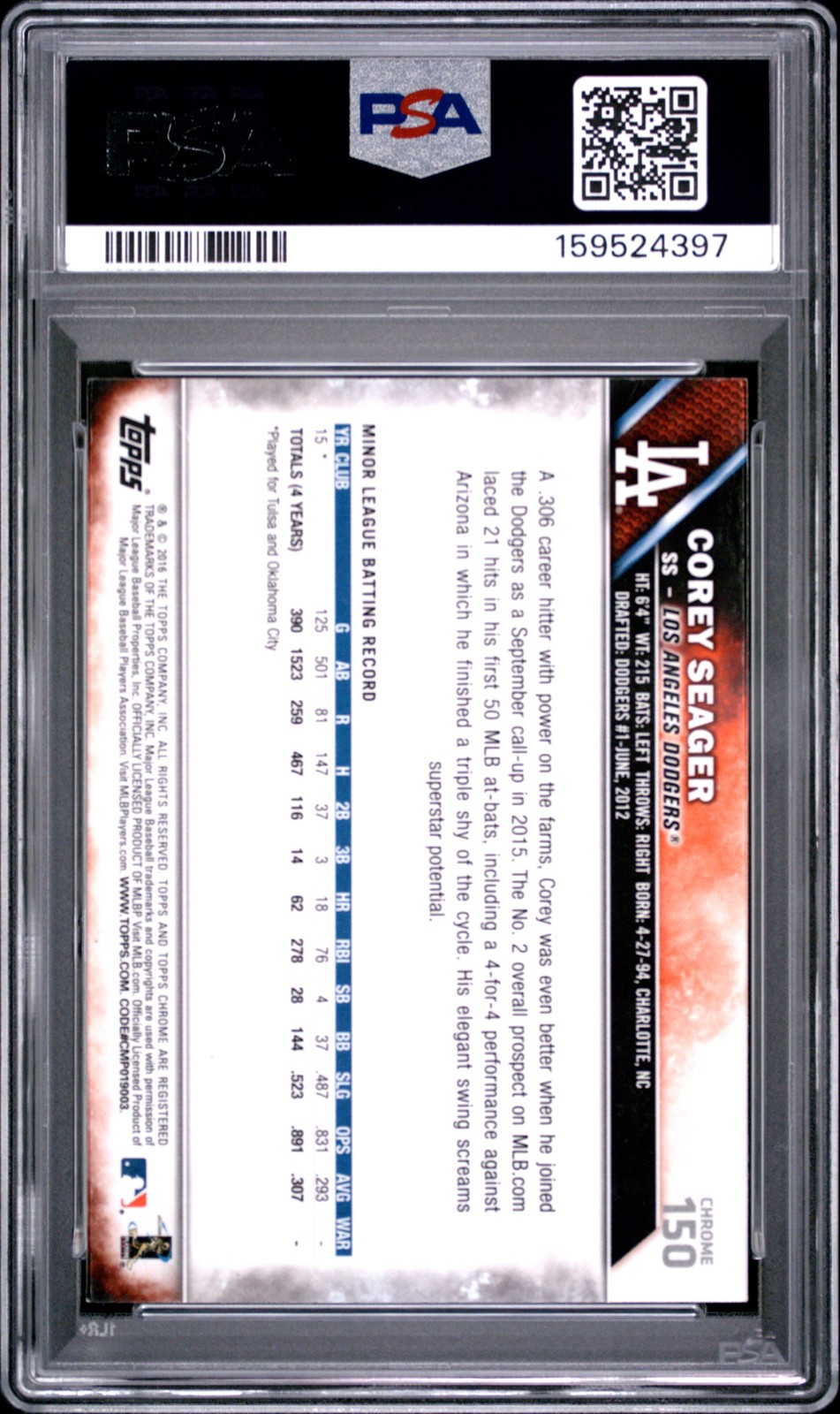 2016 TOPPS CHROME #150 COREY SEAGER ROOKIE RC PSA 7 view 2