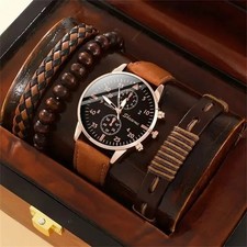 New Men Watch Luxury Bracelet Set Fashion Business Brown Leather Quartz Wrist Wa