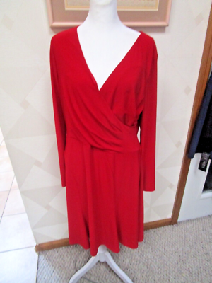 chaps red dress CHAPS-RED-PLEATED CROSSOVER-LONG SLEEVE-A-LINE DRESS-SIZE-S-NWT