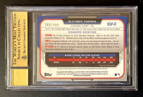 2015 Bowman Chrome Refractor Auto RC Gleyber Torres BGS 10/10 Pristine!! - Picture 3 of 3