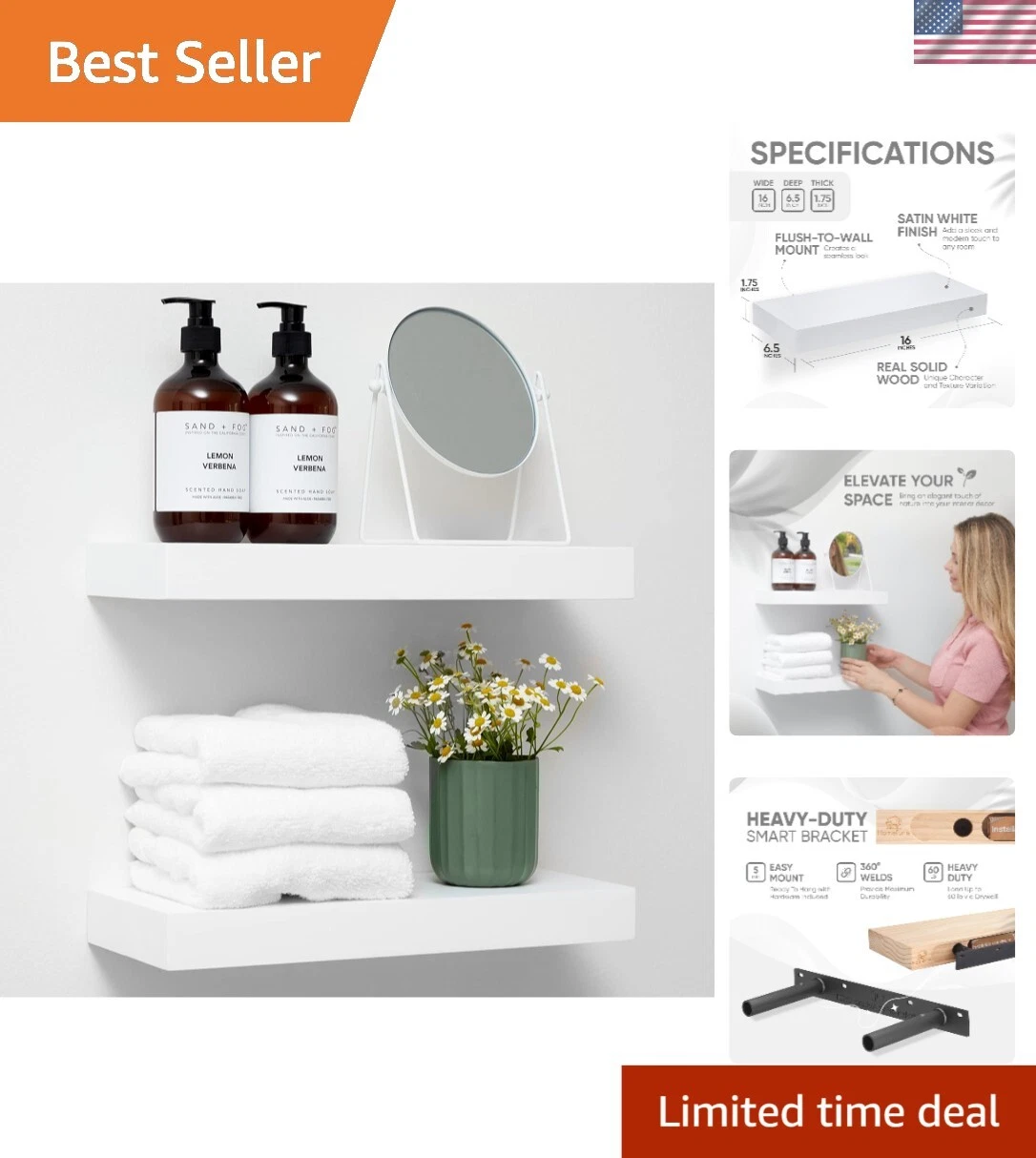 Modern Solid Pine White Floating Shelves - Easy Install, 100 lbs Capacity