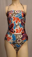 Blue Flower Pattern Spandex Thong Leotard for Women size 8 Small