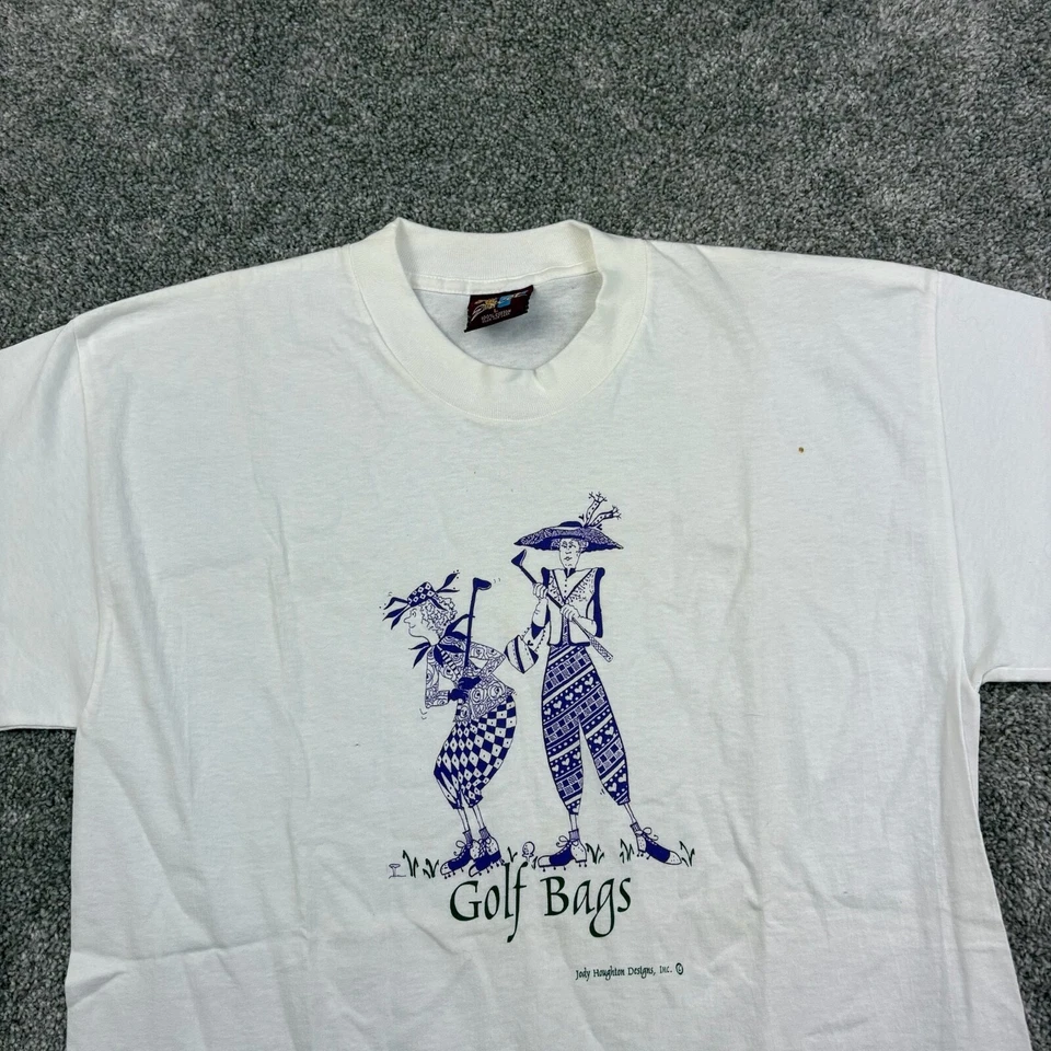 Vintage Golfing Art Shirt Mens Large White Golf Bags Jester Golfer Painting Golf - Image 2 of 4