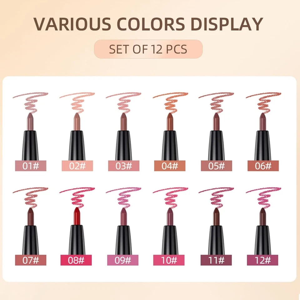 QiBest 12Pcs Crayon Lipsticks Gel Lip Liner Pencil Set, Creamy Long-Lasting Lip - Image 2 of 4