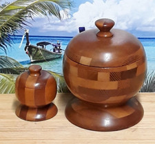 Pair of Combined Wood Decorative Hand Turned Footed Jars with Lids