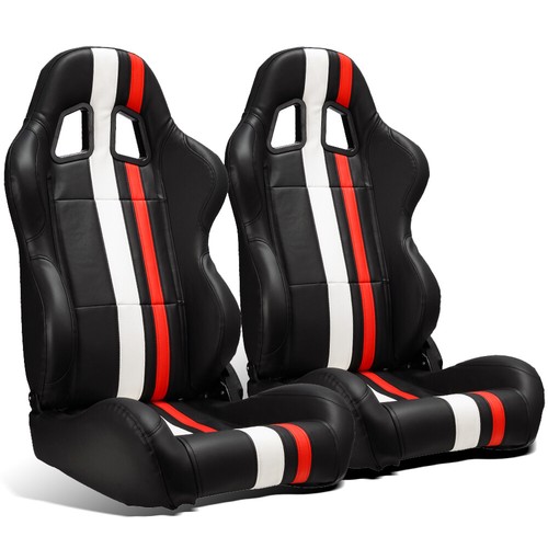 Pair Of Black PVC Leather Racing Bucket Seats With White Stitching & Blue Stripes
