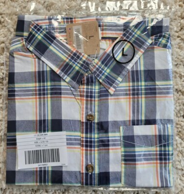 NEW  Cazy8 Button Down Shirt Blue White Orange Plaid Long Sleeve Size L 10-12 