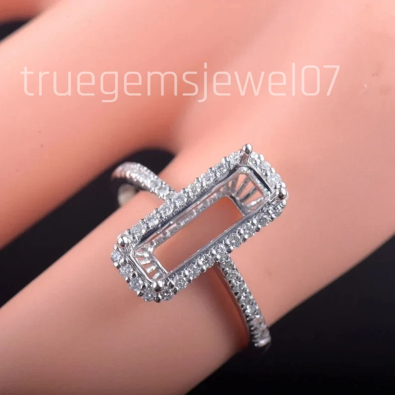 Anillo de compromiso semi montaje corte esmeralda 12x5 mm plata de ley 925 en blanco Foto 3 de 4