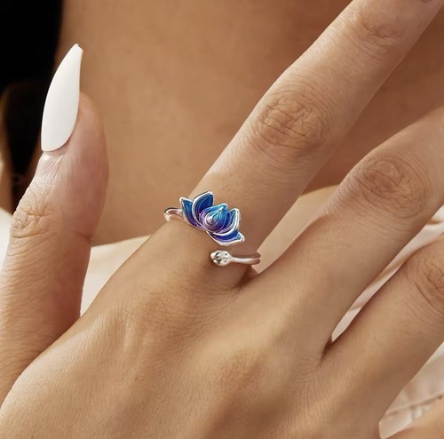 🪷Adjustable Ring Blue Lotus Flower Fit Any Size Shiny Gift For Any Occasion - Picture 4 of 6