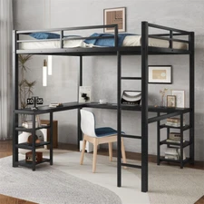 Metal Full Size Loft Bed with Desk & Shelves, Loft Bed with Ladder & Guardrails