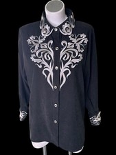 Vtg Western Bob Mackie Wearable Art Black Embellished Blouse w/ Silver Trim Sz L