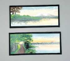 Landscape Painting on Glass Mountain Lake Water Trees Scenery Nature Vintage Set