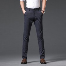 Men Formal Check Trousers Slim-Fit Smart Office Dress Pants Casual Bottoms Solid