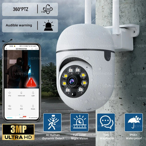 3MP HD Wifi Waterproof IP Camera with 360° Night Vision for Home Security