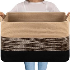 Extra Large Cotton Rope Woven Laundry Blanket Basket Brown Black 24x17x14 Inch