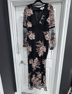 Badgley Mischka Black Floral Embroidered Mesh V-Neck Maxi Gown Long Sleeve 8