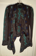 Biya Johnny Was black blue embroidered draped Aztec cardigan sweater Size XS