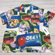Obey Shirt Mens XL Fruit Cans Button Up Short Sleeve Camp Hawaiian Viscose NWT