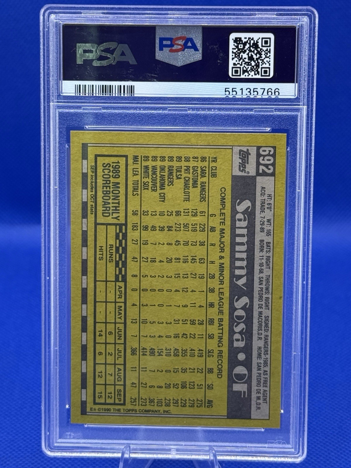 1990 TOPPS #692 SAMMY SOSA ROOKIE RC PSA 9 view 2