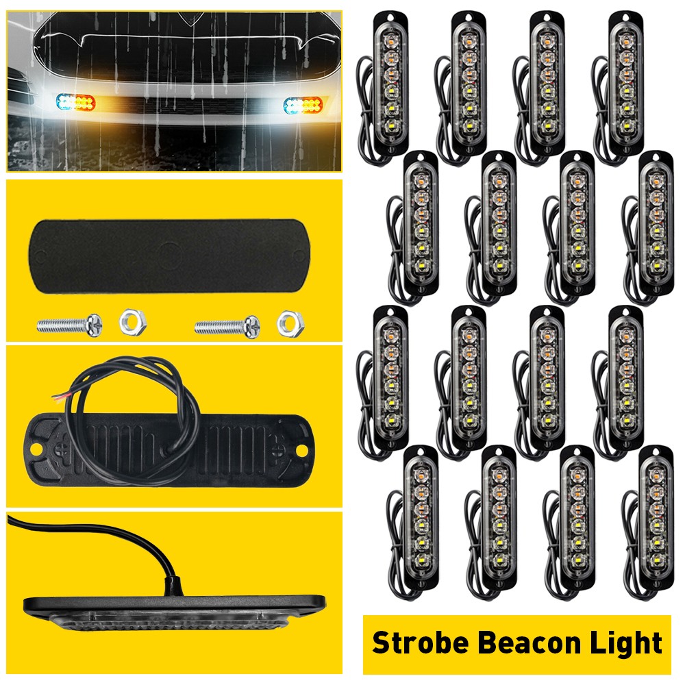 16PCS 12-24V Amber/White 6LED Emergency Strobe Lights for Truck ATV Front Rear