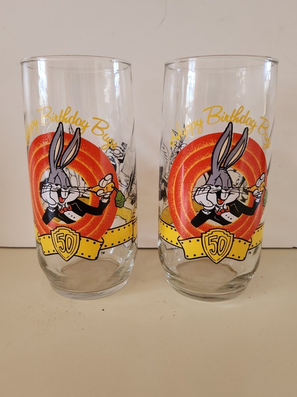 2 Bugs Bunny Happy Birthday 50th Anniversary Glasses 1990 Looney Tunes
