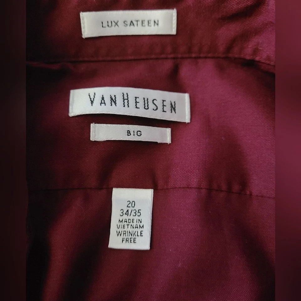 Van Heusen Lux Sateen Dress Shirt Men's Size 20 Cranberry Red Long Sleeve 34/35 - Image 4 of 4