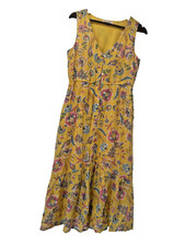 Nanette Lepore Yellow Floral maxi Dress 8 Sleeveless V Neck Ruffle tiered button