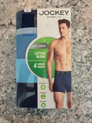 Men's Jockey 4-Pack Active Cotton Blend Boxer Briefs Blue Underwear Large NEW