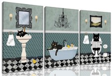 3Pcs Framed Funny Bathroom Black Cat Canvas Wall Art Vintage Cat Taking Bath ...