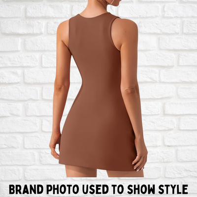 QINSEN Square Neck Brown Mini Dress Women's Size 4 Sleeveless Stretch  Activewear