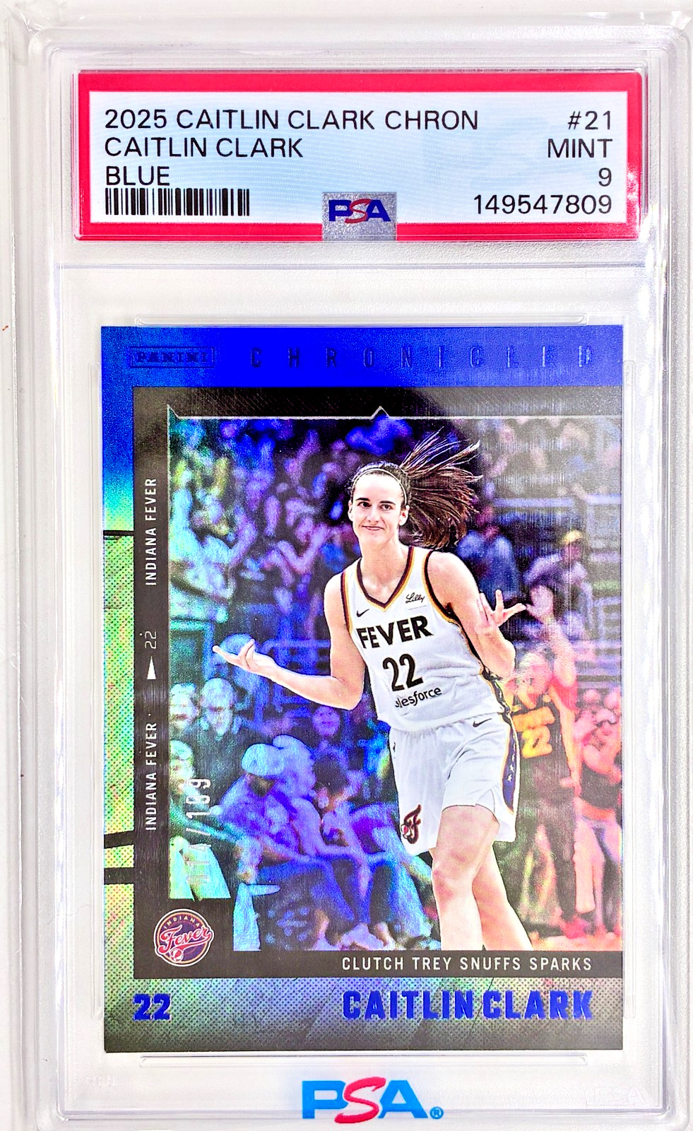2025 PANINI CAITLIN CLARK CHRONICLED BLUE HOLO #21 CAITLIN CLARK 14/199 PSA 9 MT view 7
