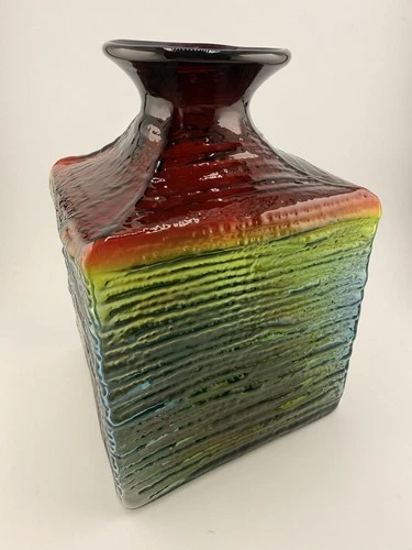 Blenko Glass Signed 2022 Strata Block Vase Tangerine Textured 7.5” UV Glow