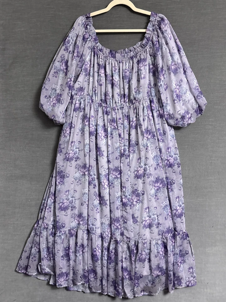 Vestido Arula XL 2X Púrpura Floral Globo Calado Boho Midi En Niveles Cottage Boho Foto 2 de 4