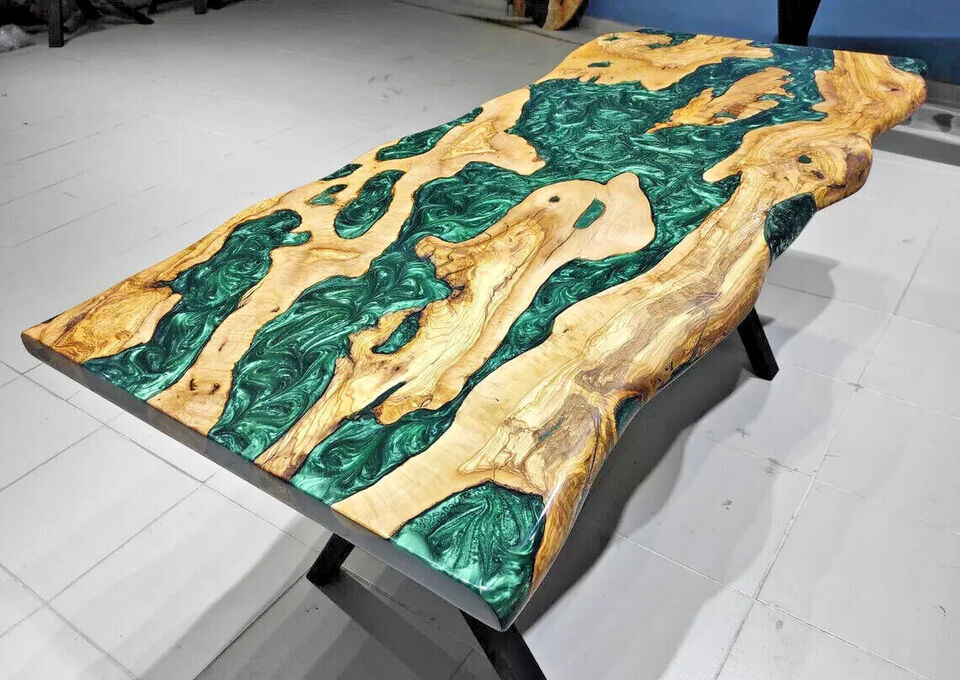Live Edge Wood Green Epoxy Table - River Resin Dining Table - Epoxy Table Decor-image