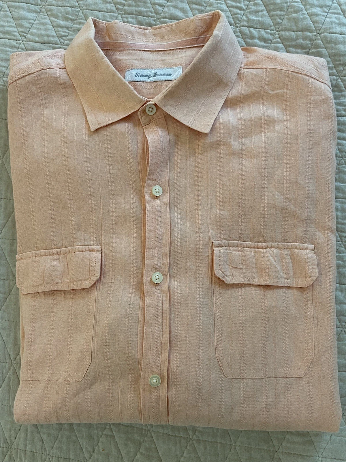 Tommy Bahama Orange Woven Tonal Stripe Linen & Cotton Sleeve Keeper Shirt XL