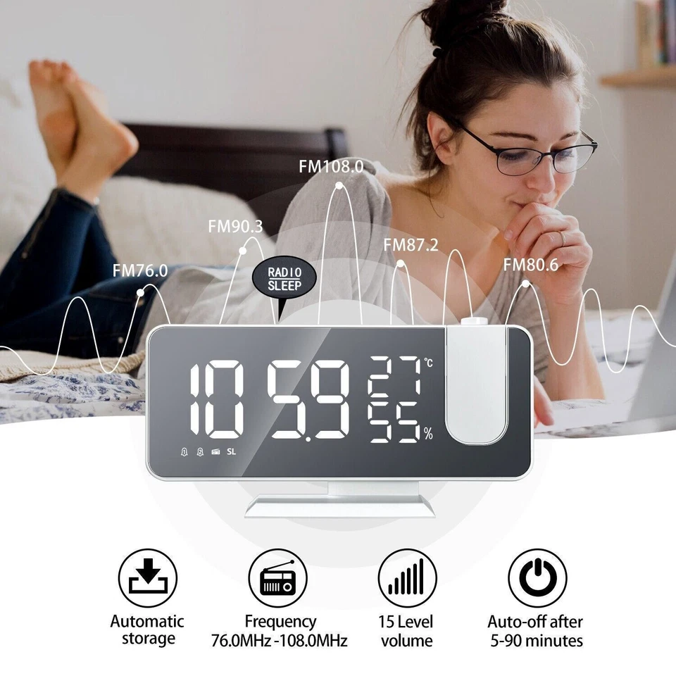 7.5" LED Digital Projection Dual Alarm Clock Snooze FM Radio Timer Monitor USB - Image 4 of 4