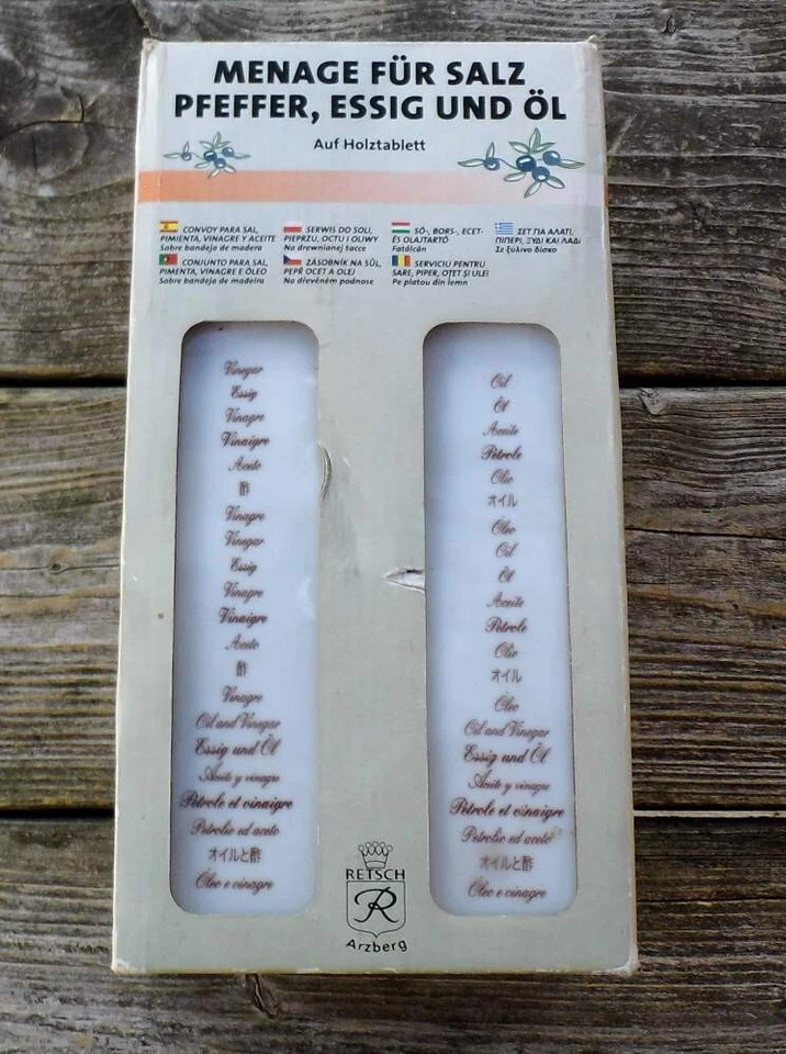 Retsch - edle Menage für Salz, Pfeffer, Essig, Öl auf Holztablett - Porzellan