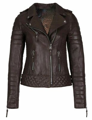 Women's Real Lambskin Leather Brown Motorcycle Jacket Café Racer Biker Jacket