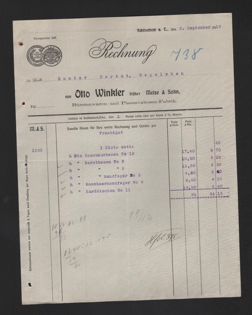 Schonebeck Rechnung 1913 Otto Winkler Burstenwaren Piassavabesen Fabrik Ebay