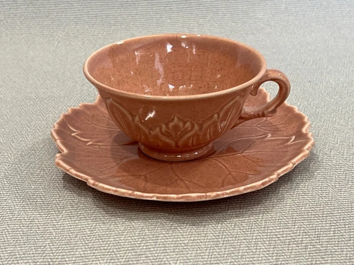 Vintage Woodfield Steubenville Grape Leaf Coral Flat Cup & Saucer Set