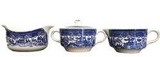 Blue Willow Set- Sugar Bowl With Lid, Creamer Pitcher, Gravy Boat, VG Condition