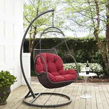 Modway Wicker Rattan Outdoor Patio Hanging Swing Porch Chair With Stand in Red