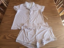 NWT Rae Dunn LOVE Pink/Grey Stripe Notch Collar Button Top  Shorts Pajama Set
