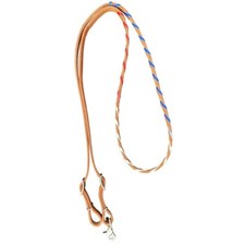 CONTEST REINS Argentina Cow Leather Barrel Reins Red, White  Blue Braiding
