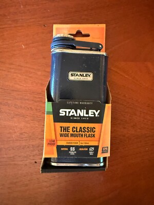 NEW Stanley 8 Ounce Stainless Steel Flask Black Easy Fill Wide Mouth Blue