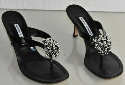 Sandales Mules Manolo Blahnik AFRISEA - Cuir Verni Noir Et Blanc - Perles - Taille 41 EU - Neuf Avec Boîte
