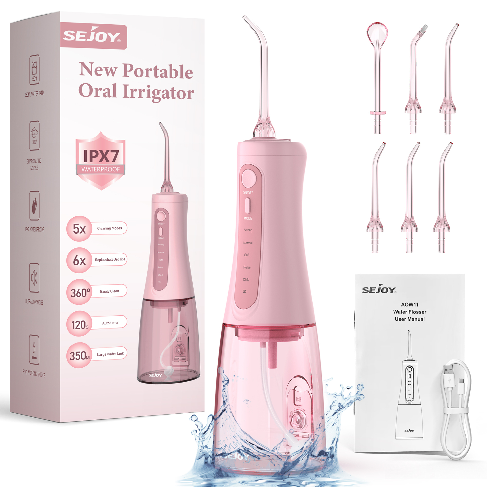 SEJOY Electric Water Flosser Dental Oral Irrigator Rechargeable 350ML Water Tank